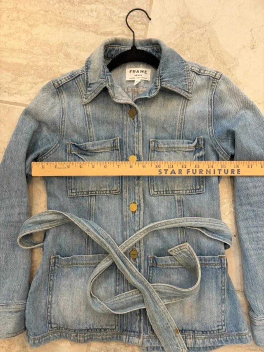 Frame Rangley Denim Beltled Jacket Light Wash Size XS 100% Cotton USA Utility